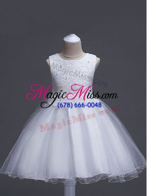 Amazing Knee Length Zipper Little Girls Pageant Dress Wholesale White for Wedding Party with Lace