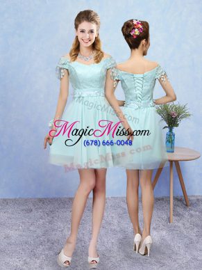 Top Selling Aqua Blue Short Sleeves Mini Length Lace Lace Up Wedding Party Dress