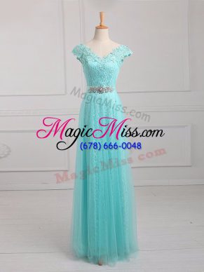 Aqua Blue Tulle and Lace Lace Up Mother Dresses Cap Sleeves Floor Length Beading and Appliques