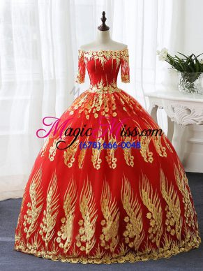 Printed Off The Shoulder Half Sleeves Lace Up Appliques Quince Ball Gowns in Red