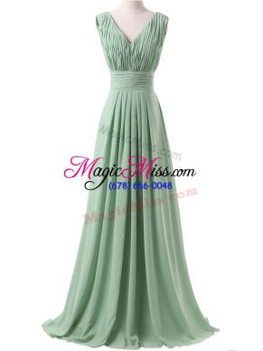 Perfect Apple Green Sleeveless Floor Length Ruching Lace Up Bridesmaids Dress