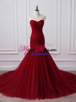 New Style Wine Red Tulle Lace Up Formal Dresses Sleeveless Court Train Ruching