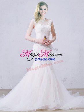 Noble Tulle Scoop Sleeveless Brush Train Lace Up Lace Wedding Gowns in White