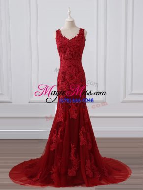 Lace and Appliques Mother of the Bride Dress Red Zipper Sleeveless Brush Train