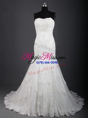Fashion Sweetheart Sleeveless Brush Train Lace Up Wedding Dress White Tulle