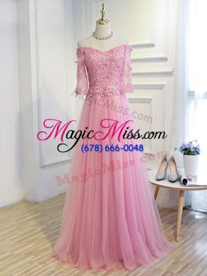 Pink A-line Off The Shoulder 3 4 Length Sleeve Tulle Floor Length Lace Up Beading and Lace and Appliques Mother of Groom Dress