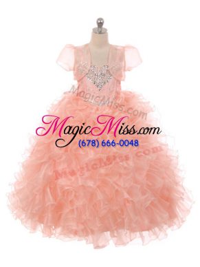 Modern Beading and Ruffles Girls Pageant Dresses Peach Lace Up Sleeveless Floor Length