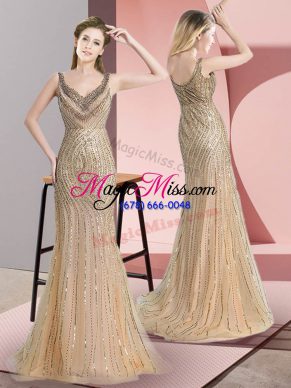 Champagne Prom Gown Prom and Military Ball and Sweet 16 with Beading and Sequins Straps Sleeveless Brush Train Zipper