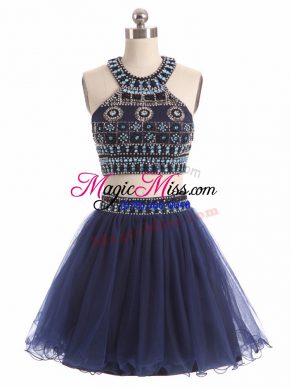 Navy Blue Two Pieces Scoop Sleeveless Tulle Mini Length Zipper Beading Homecoming Dress