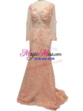 Glittering Long Sleeves Brush Train Beading and Hand Made Flower Side Zipper Mother of the Bride Dress