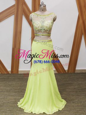 Unique Scoop Sleeveless Chiffon Dress for Prom Beading and Lace and Appliques Zipper