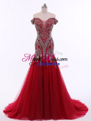 Red Sleeveless Beading Zipper Prom Dresses
