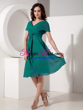 Turquoise Empire Ruching Mother Of The Bride Dress Zipper Chiffon Short Sleeves Knee Length