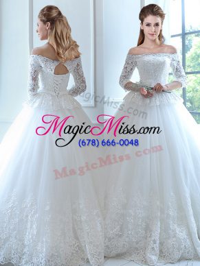 New Arrival Sleeveless Tulle Floor Length Lace Up Wedding Gowns in White with Lace and Appliques