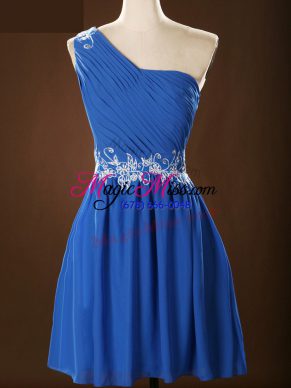 Blue Sleeveless Appliques and Ruching Mini Length Quinceanera Court of Honor Dress