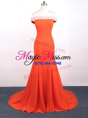 Custom Design Straps Sleeveless Watteau Train Side Zipper Evening Dresses Orange Red Chiffon