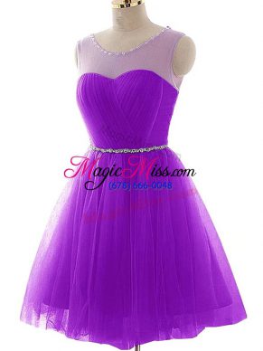 A-line Prom Party Dress Purple Scoop Tulle Sleeveless Mini Length Lace Up