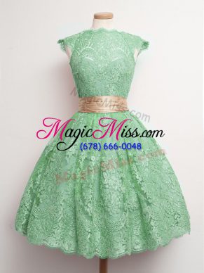 Delicate Knee Length Green Court Dresses for Sweet 16 High-neck Cap Sleeves Lace Up