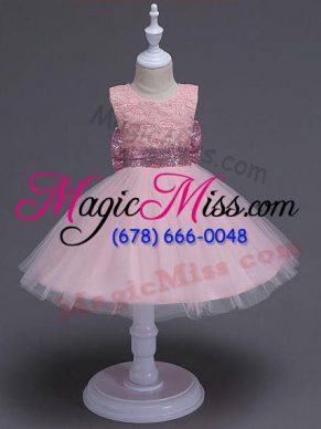 Extravagant Baby Pink Sleeveless Lace and Bowknot Knee Length Toddler Flower Girl Dress