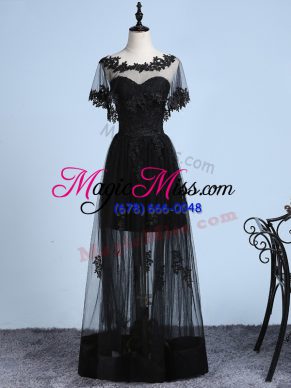 Smart Black Prom Party Dress Prom and Party and Sweet 16 with Embroidery Scoop Short Sleeves Backless