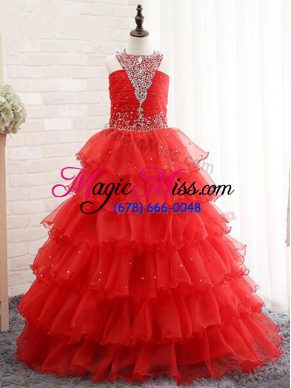 Floor Length Ball Gowns Sleeveless Red Child Pageant Dress Lace Up
