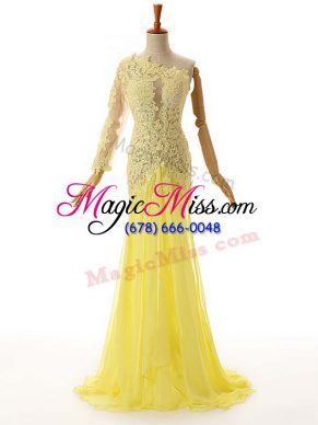 Simple Light Yellow Sleeveless Floor Length Lace and Appliques Side Zipper Evening Gowns