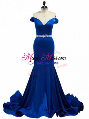 Traditional Beading Prom Gown Royal Blue Zipper Sleeveless Brush Train