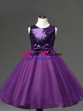 Attractive Tea Length Purple Kids Pageant Dress Scoop Sleeveless Zipper