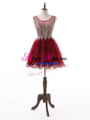 Artistic Wine Red Scoop Neckline Beading and Lace and Appliques Sleeveless Zipper
