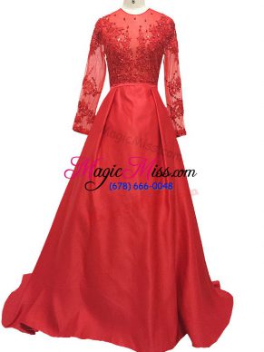 Best Selling Red Long Sleeves Elastic Woven Satin Brush Train Zipper Mother Of The Bride Dress for Prom and Party and Military Ball and Sweet 16