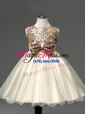 Organza Sleeveless Knee Length Little Girls Pageant Dress and Sequins and Bowknot