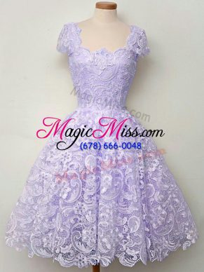 Luxury Lavender A-line Scoop Sleeveless Lace Knee Length Lace Up Lace Bridesmaids Dress