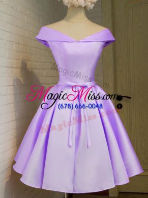 Cap Sleeves Taffeta Knee Length Lace Up Bridesmaids Dress in Lavender with Belt