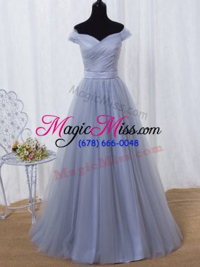 Lavender Off The Shoulder Lace Up Ruching and Belt Prom Party Dress Sleeveless