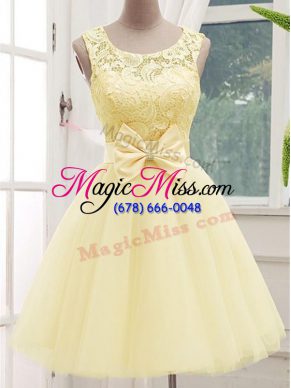 New Style Light Yellow Bridesmaids Dress Prom and Party and Wedding Party with Lace and Bowknot Scoop Sleeveless Lace Up