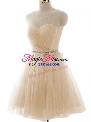 Sleeveless Floor Length Beading and Ruching Lace Up Evening Dress with Champagne