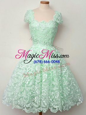 Decent Knee Length Apple Green Court Dresses for Sweet 16 Straps Cap Sleeves Lace Up