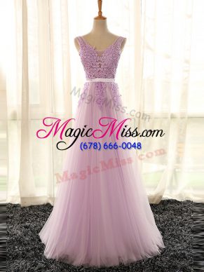 Adorable V-neck Sleeveless Tulle Bridesmaid Gown Appliques Lace Up