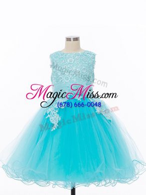 Knee Length Zipper Flower Girl Dresses for Less Baby Blue for Wedding Party with Appliques and Hand Made Flower