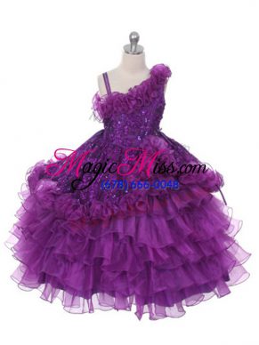 Elegant Purple Organza Lace Up Asymmetric Sleeveless Floor Length Little Girl Pageant Dress Lace and Ruffles and Ruffled Layers
