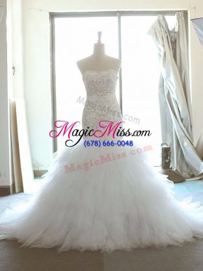 Beauteous White Mermaid Beading and Ruffles Wedding Gown Lace Up Tulle Sleeveless