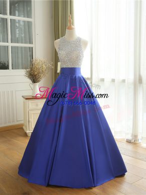 Sleeveless Satin Floor Length Backless Prom Party Dress in Blue with Beading