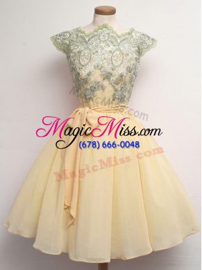 New Style Champagne Lace Up Scalloped Lace and Belt Bridesmaid Dresses Chiffon Cap Sleeves