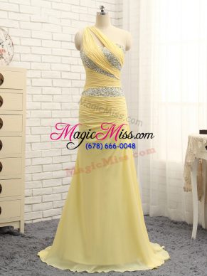 Classical Yellow Chiffon Zipper Prom Party Dress Sleeveless Floor Length Brush Train Beading and Ruching
