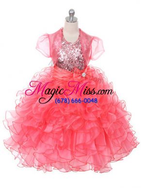 Discount Coral Red Organza Lace Up Little Girls Pageant Dress Wholesale Sleeveless Floor Length Ruffles and Sequins and Bowknot