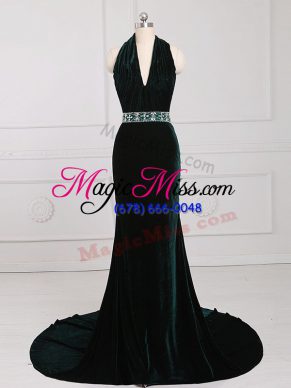 Dark Green Sleeveless Elastic Woven Satin Brush Train Zipper Formal Dresses for Prom and Military Ball and Wedding Party