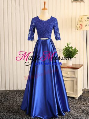 Custom Designed Half Sleeves Elastic Woven Satin Floor Length Zipper in Blue with Embroidery and Belt