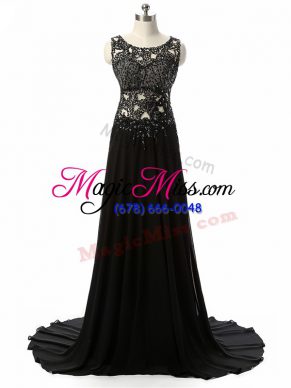 Cute Black Empire Scoop Sleeveless Chiffon Brush Train Side Zipper Beading and Lace and Appliques Formal Evening Gowns