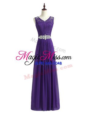 Lavender Empire Chiffon V-neck Sleeveless Beading and Lace Floor Length Zipper Bridesmaid Dresses