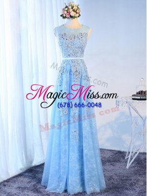 Baby Blue Evening Dress Prom and Party with Beading and Lace and Appliques and Belt Scoop Sleeveless Zipper